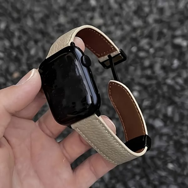 1pc Litchi Pattern Patent Apple Watch Strap with Magnetic Folding Buckle, Water-Resistant, Iron Clasp - Compatible with Apple Watch SEu002FS123456789, Beige with Dark Brown Accents, Textured Woven Design for Enhanced Grip and Style, Apple Watch