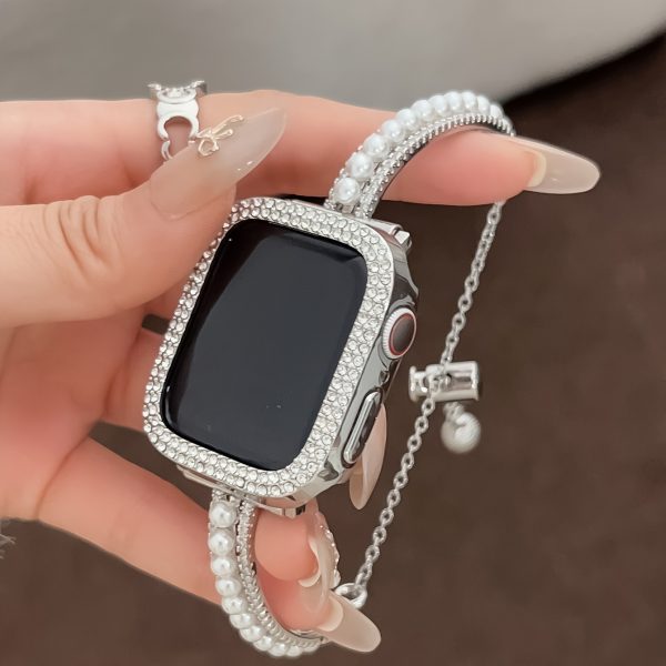 1pc, Ladies' Luxurious and Noble Double Row Diamond Inlaid Pearl Bracelet Strap, Suitable for Iwatch38u002F40u002F41u002F42u002F44u002F45u002F46u002F49mm, Suitable for Apple Watch Ultra1u002F2u002FSEu002Fseries 10u002F9u002F8u002F7u002F5u002F4u002F3u002F2u002F1