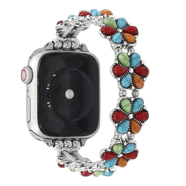 1-Pack Metal Bracelet Turquoise Floral Watch Band Compatible with Apple Watch Ultra 3u002F2u002F1 SE 1-11 Generations 38-49Mm Watch Faces And Suitable for Samsung u002F Huawei u002F Garmin Standard 20u002F22Mm Lug Connectors (Does Not Support Quickfit And Special Inter